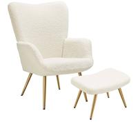 Tectake Armchair Hygge With Stool Boucle Cream And Gold, Cream