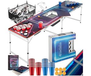 tectake® Beer Pong Table with Height-Adjustable & Folding Aluminium Frame, Luxury Game Table with LED Lighting, Ice Box & Cup Holders, Full Beer Pong Set Incl. 100 Cups, 6 Balls & Card Drinking Game