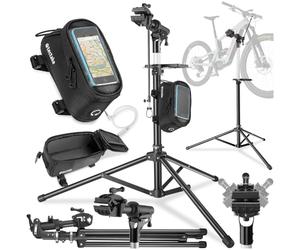 tectake® Bike Repair Stand Set, In icycle Phone Holder, for Standard Bikes & E-Bikes, Up to 50 kg, Bike Stand with Folding, Height-Adjustable Tripod Steel Frame, Tool Tray & Front Wheel Stabiliser