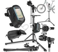 TecTake® Bike Repair Stand Set, Incl. Bicycle Phone Holder, for Standard Bikes & E-Bikes, Up to 50 kg, Bike Stand with Folding, Height-Adjustable Steel Frame, Tool Tray & Front Wheel Stabiliser