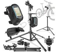 tectake® Bike Repair Stand Set, Incl. Bicycle Phone Holder, for Standard Bikes & E-Bikes, Up to 50 kg, Bike Stand with Folding, Height-Adjustable Tripod Steel Frame, Tool Tray & Front Wheel Stabiliser