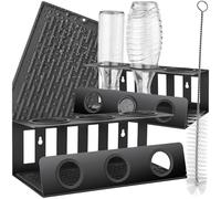 tectake® Bottle Holder for 3 Sodastream Bottles, Bottle Drying Rack in Steel with Integrated Lid Holder & Removable Drip Tray, Incl. Cleaning Brush, Wall-Mountable or Free-Standing Bottle Rack - Black