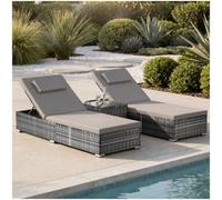 Tectake Carbonera Rattan Double Lounge Chair With Table, Adjustable Backrest - Grey