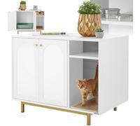 tectake® 2-in-1 Cat Litter Box Enclosure & Storage Cabinet, Hidden Litter Box Furniture with Side Entrance, Storage Compartment & Double Doors, Incl. Cat Scratching Mat - White/Gold