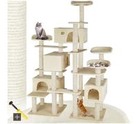 tectake® Multi-Level Cat Tree with Sisal Scratching Posts, 4 Perches & 4 Cosy Houses, Robust Structure with 2 Sturdy Bases & Anti-Tip Protection - 214 cm Cat Tower for Cats & Kittens - Beige