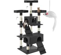 TecTake Cat Tree with Multiple Levels, Plush Fabric & Sisal Scratching Posts, 2 Cosy Cat Houses, 3 Perches, 4 Toy Mice & 2 Ladders, 170 cm Stable Cat Tower with Anti-Tip Protection - Black