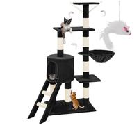 tectake® Cat Tree with Multiple Levels, Sisal Cat Scratching Posts, Cosy Cat House, 3 Playful Toy Mice, Snug Cat Hammock, Ladder & Tip-Over Protection - 144cm Cat Tower for Cats & Kittens - Black
