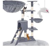 tectake® Cat Tree with Multiple Levels, Sisal Scratching Posts, Cosy House, 3 Playful Toy Mice, Snug Hammock, Ladder & Tip-Over Protection - 144cm Cat Tower for Cats & Kittens - Grey