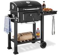 tectake® Charcoal BBQ Grill, 110 x 64 x 104 cm, with Folding Side Shelf, Warming Rack & Built-in Thermometer, Portable BBQ Grill on Wheels with Adjustable Charcoal Tray, Outdoor Steel Barbecue Grill