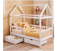 Tectake Children's Bed Hailey Pine Wood With Drawers, Safety Rail - - White