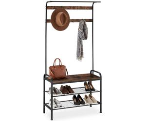 Tectake Coat Stand - Shoe Rack, Seat, 2 Shelves And 9 Coat Hooks 73.5X36X184Cm - Industrial Wood Dark, Rustic
