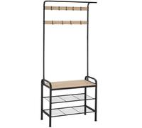 Tectake Coat Stand - Shoe Rack, Seat, 2 Shelves And 9 Coat Hooks 73.5X36X184Cm - Industrial Wood Light, Oak Sonoma