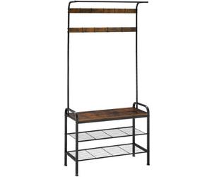 Tectake Coat Stand - Shoe Rack, Seat, 2 Shelves And 9 Coat Hooks 85.5X36X184Cm - Industrial Wood Dark, Rustic