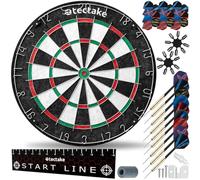 tectake® Dartboard Set with 9 Steel Darts, 21 Flights & 16 Flight Protectors, Dart Board with Large Target in Durable Sisal, Darts Set with Dart Sharpener, Adhesive Starting Line & Mounting Materials