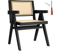 Tectake Dining Chair Lizzy With Mid-Century Modern Design, Rattan Backrest And Solid Wood Frame - Black