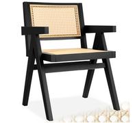 Tectake Dining Chair Lizzy With Mid-Century Modern Design, Rattan Backrest And Solid Wood Frame - Black, Per Piece