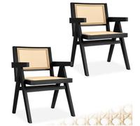 Tectake Dining Chair Lizzy With Mid-Century Modern Design, Rattan Backrest And Solid Wood Frame - Black, Set Of 2