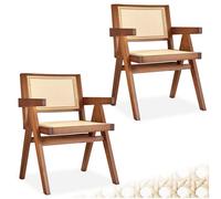 Tectake Dining Chair Lizzy With Mid-Century Modern Design, Rattan Backrest And Solid Wood Frame - Dark Oak, Set Of 2