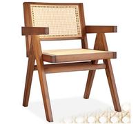 Tectake Dining Chair Lizzy With Mid-Century Modern Design, Rattan Backrest And Solid Wood Frame - Dark Oak, Per Piece