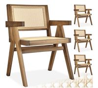 Tectake Dining Chair Lizzy With Mid-Century Modern Design, Rattan Backrest And Solid Wood Frame - Light Oak, Set Of 4