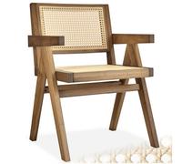 Tectake Dining Chair Lizzy With Mid-Century Modern Design, Rattan Backrest And Solid Wood Frame - Light Oak, Per Piece