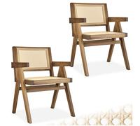 Tectake Dining Chair Lizzy With Mid-Century Modern Design, Rattan Backrest And Solid Wood Frame - Light Oak, Set Of 2