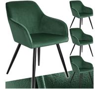 Tectake Dining Chair Marilyn - With Armrests, Padded, Velvet Look, Black Steel Legs - Dark Green / Black