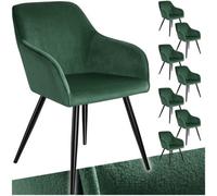 Tectake Dining Chair Marilyn - With Armrests, Padded, Velvet Look, Black Steel Legs - Dark Green / Black