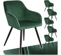 Tectake Dining Chair Marilyn - With Armrests, Padded, Velvet Look, Black Steel Legs - Dark Green / Black