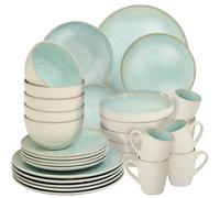 tectake® 30-Piece Stoneware Dinner Set for 6 People, Incl. Dinner Plates, Bowls & Mugs in Glazed Stoneware, Microwave- & Dishwasher-Safe Tableware, Handcrafted Maritime-Style Crockery Set - Mint