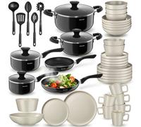 tectake® 45-Piece Cookware & Dinner Set for 6 People, Glazed Stoneware Dinnerware, Non-Stick Stainless Aluminium Cooking Pot & Pan Set - Cooking Set for Gas, Electric & Ceramic Hobs - Taupe/Black