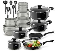 Tectake Dinnerware Set For 6 People With Plates, Bowls, Utensils, Pots And Pans - Grey/black