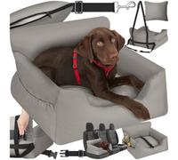 tectake® Dog Car Seat with Thick Padding, Safety Lead & 2 Fastening Straps, Car Dog Seat with Durable Canvas Cover, Side Pockets, Universal Fit, Easy-to-Clean Pet Car Seat for Cats & Dogs - Grey