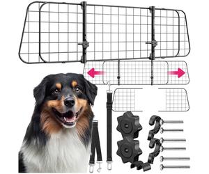tectake® Dog Guard for Cars with Adjustable Width 91.5-154 cm, Secure Steel Grid & Easy Plug-In System, Universal Dog Barrier for Boot, Incl. 2 Seat Belts, Portable Car Dog Guard for Safe Transport