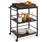 Tectake Drinks Trolley Worcester - 3 Shelves And Removable Tray, 4 Swivel Castors With Parking Brake - Industrial Wood Dark, Rustic
