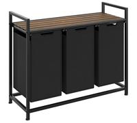 tectake® Triple Laundry Basket with 3 x 38L Capacity, Water- & Smell-Resistant Fabric, Pull-Out Laundry Baskets with Sturdy Steel Frame, Top Shelf in Wooden Look & Height-Adjustable Feet - Black/Brown