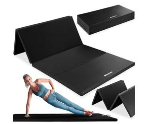tectake® Exercise Mat with Thick, Comfortable Filling & Water-Repellent Faux Leather Surface, Foldable Yoga Mat with 2 Carry Handles, Versatile Gym Equipment for Yoga, Pilates, Gymnastics - Black