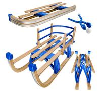 tectake® Foldable Wooden Sledge in Classic Slatted Design, Durable Snow Sledge in Beech Wood with Smooth Steel Runners & Tear-Resistant Tow Rope, Large Sled for up to 2 Children, Incl. Snowball Maker