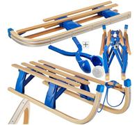 tectake® Foldable Wooden Sledge in Slatted Design, Snow Sledge in Beech Wood with 130 kg Load Capacity, Steel Runners & Tear-Resistant Tow Rope, Large Sled for up to 2 Children, Incl. Snowball Maker