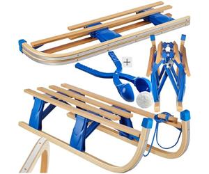 tectake® Foldable Wooden Sledge in Slatted Design, Snow Sledge in Beech Wood with 130 kg Load Capacity, Steel Runners & Tear-Resistant Tow Rope, Large Sled for up to 2 Children, Incl. Snowball Maker