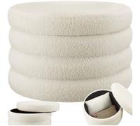 Tectake Footstool Altu Xl - With Storage, Cylinder Shape, Plush Upholstery, 67 X 42 Cm - Bouclé Cream-White, 1