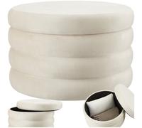 Tectake Footstool Altu Xl - With Storage, Cylinder Shape, Plush Upholstery, 67 X 42 Cm - Velvet Look Cream-White, 1