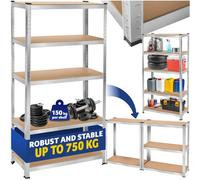 Tectake Garage Shelving - Heavy-Duty Galvanised Steel Frame, Height-Adjustable Shelves - 90 X 40 X 180 Cm - 750 Kg - Silver