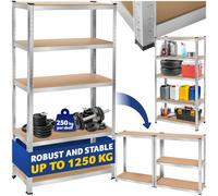 Tectake Garage Shelving - Heavy-Duty Galvanised Steel Frame, Height-Adjustable Shelves - 90 X 40 X 180 Cm - 1250 Kg - Silver