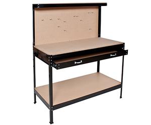 tectake® Garage Work Bench with Tool Pegboard, 120 x 60 x 156 cm, Tool Bench with Sturdy Steel Frame, Storage Drawer, 2 Shelves & 12 Hooks, Ideal as Workshop, Shed & Garage Storage Workbench