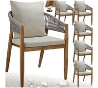 Tectake Garden Chair Manacor In A Corded Design With Acacia Wood Frame And Matching Cushions - Greige - Set Of 6