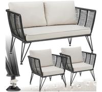 Tectake Garden Furniture Set Sundo - 2 Armchairs, Sofa, Thick Cushions, Removable Cushion Covers - Anthracite