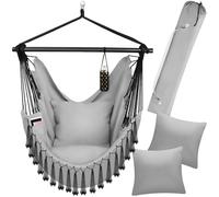 tectake® Hanging Chair in Boho Hammock Style with Tassels, Thick Cushions, Breathable Fabric, Side Pocket & Drink Holder, Incl. Carrying Bag - Durable Swing Chair for Indoor & Outdoor Use - Grey