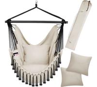 tectake® Hanging Chair in Boho Hammock Style with Tassels, Thick Cushions, Breathable Fabric, Side Pocket & Drink Holder, Incl. Carrying Bag - Durable Swing Chair for Indoor & Outdoor Use - Beige
