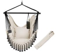 tectake® Hanging Chair in Boho Hammock Style with Tassels, Thick Cushions, Breathable Fabric, Side Pocket & Drink Holder, Incl. Carrying Bag - Durable Swing Chair for Indoor & Outdoor Use - Beige